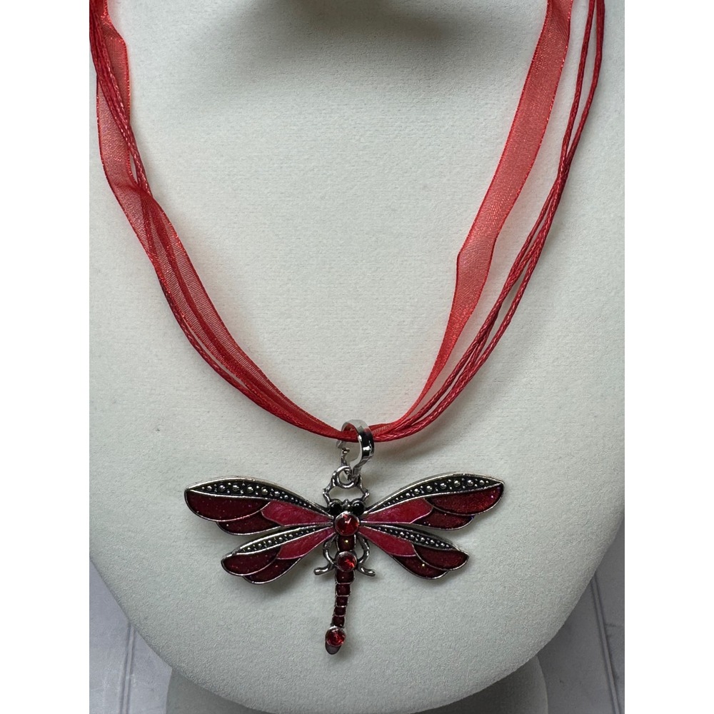 Yiwu Red Dragonfly Pendant Necklace Enamel Rhinestone Ribbon Cord NWT